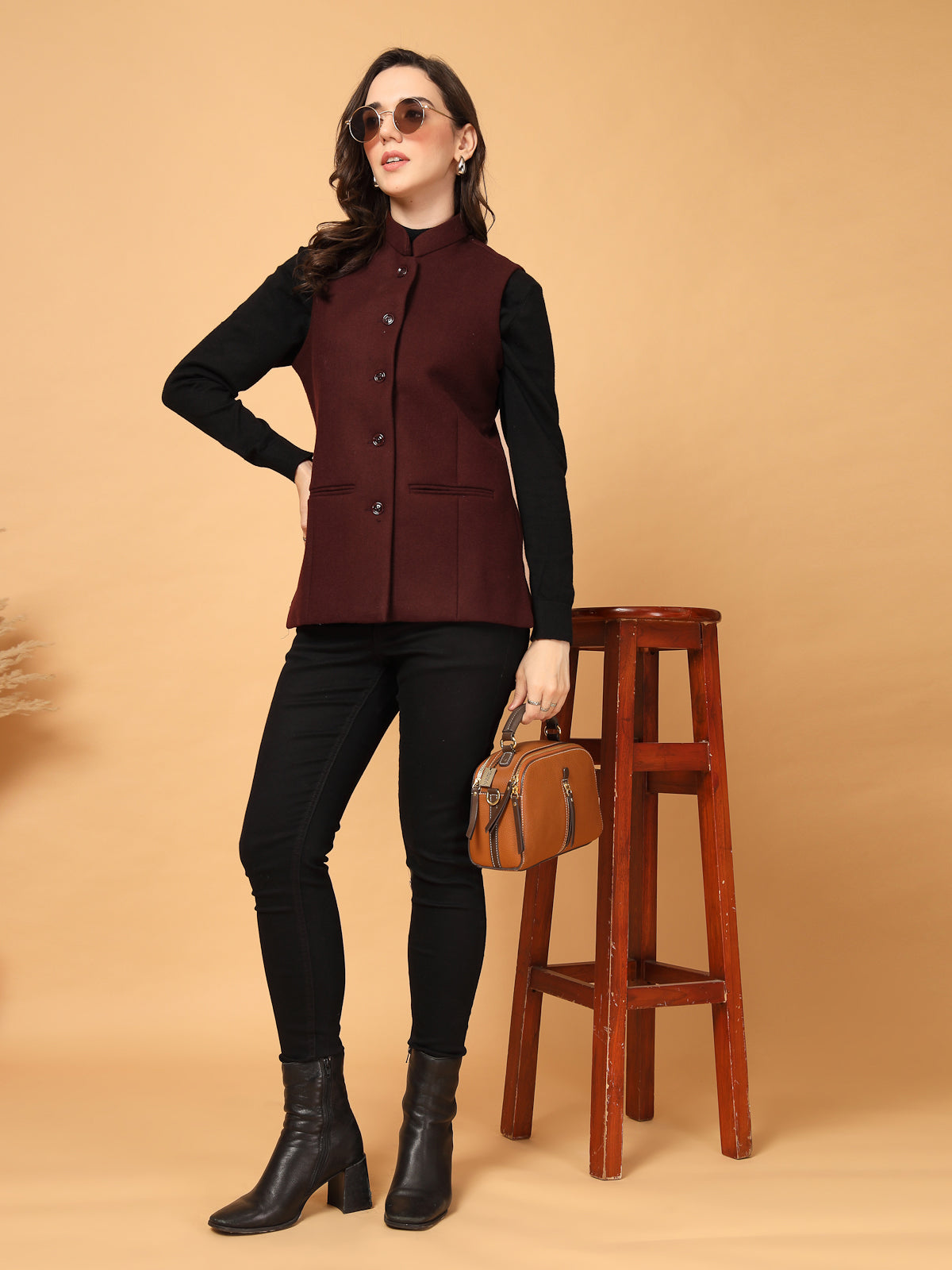 Vastraa Fusion Solid Indian Traditional Ethnic Waistcoat Festive Woolen Nehru Jacket for Women