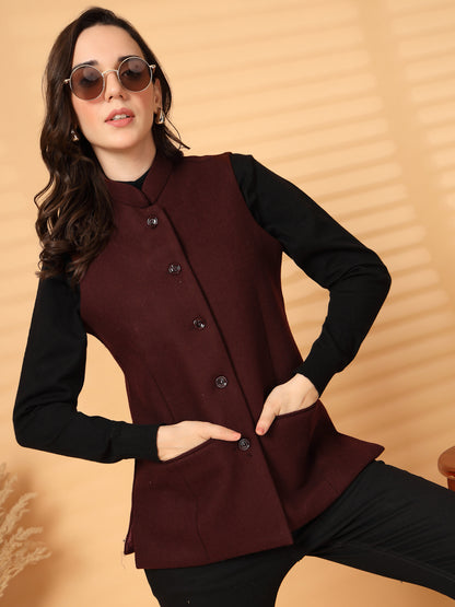 Vastraa Fusion Solid Indian Traditional Ethnic Waistcoat Festive Woolen Nehru Jacket for Women