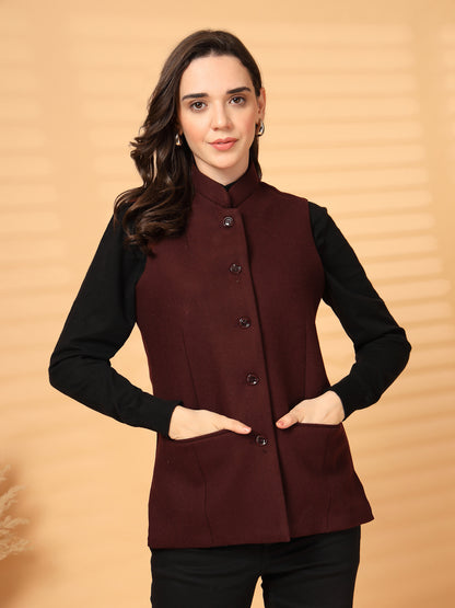 Vastraa Fusion Solid Indian Traditional Ethnic Waistcoat Festive Woolen Nehru Jacket for Women