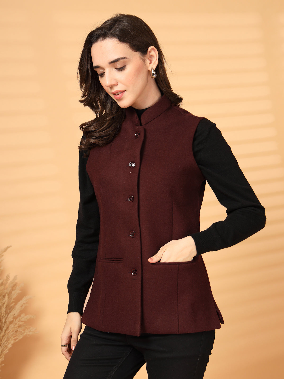 Vastraa Fusion Solid Indian Traditional Ethnic Waistcoat Festive Woolen Nehru Jacket for Women
