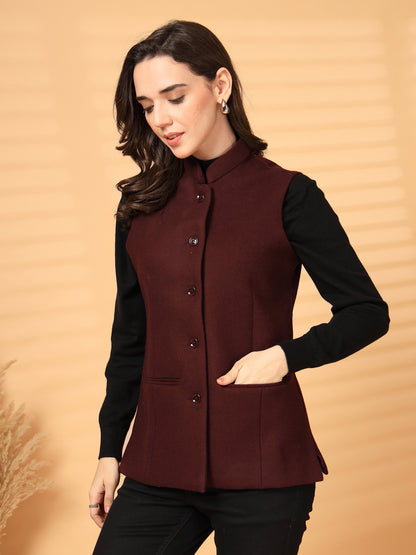 Vastraa Fusion Solid Indian Traditional Ethnic Waistcoat Festive Woolen Nehru Jacket for Women