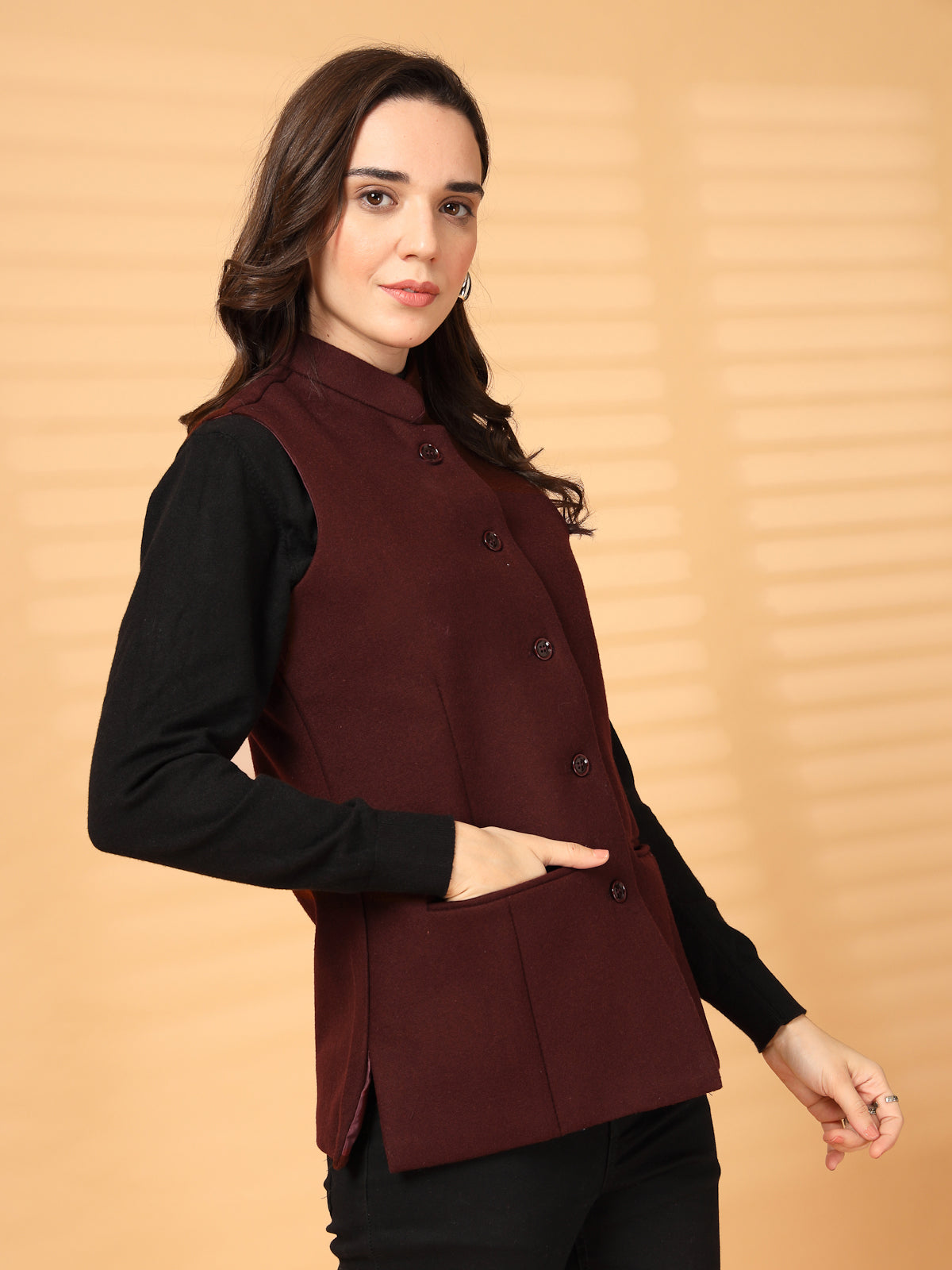 Vastraa Fusion Solid Indian Traditional Ethnic Waistcoat Festive Woolen Nehru Jacket for Women