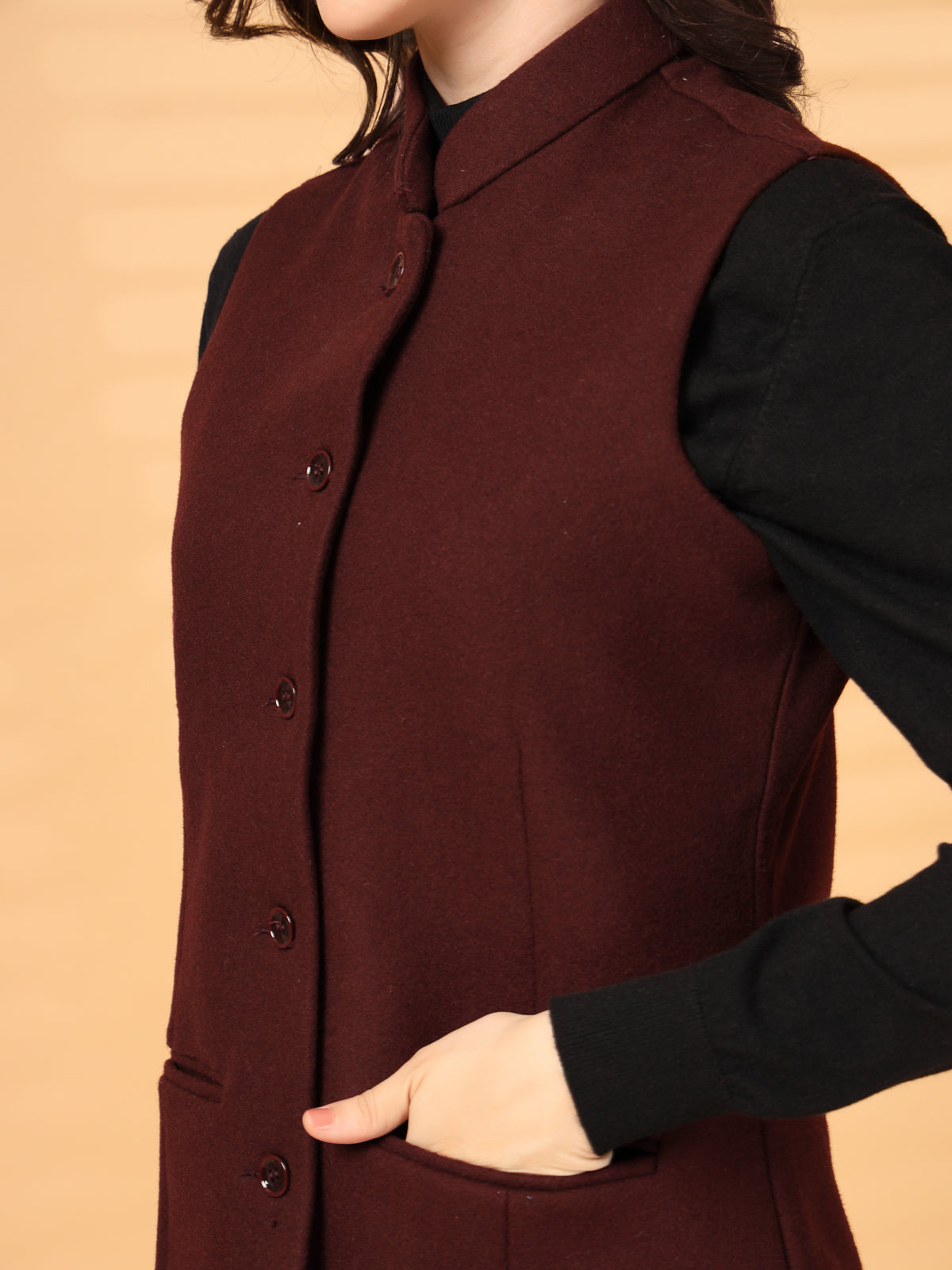 Vastraa Fusion Solid Indian Traditional Ethnic Waistcoat Festive Woolen Nehru Jacket for Women