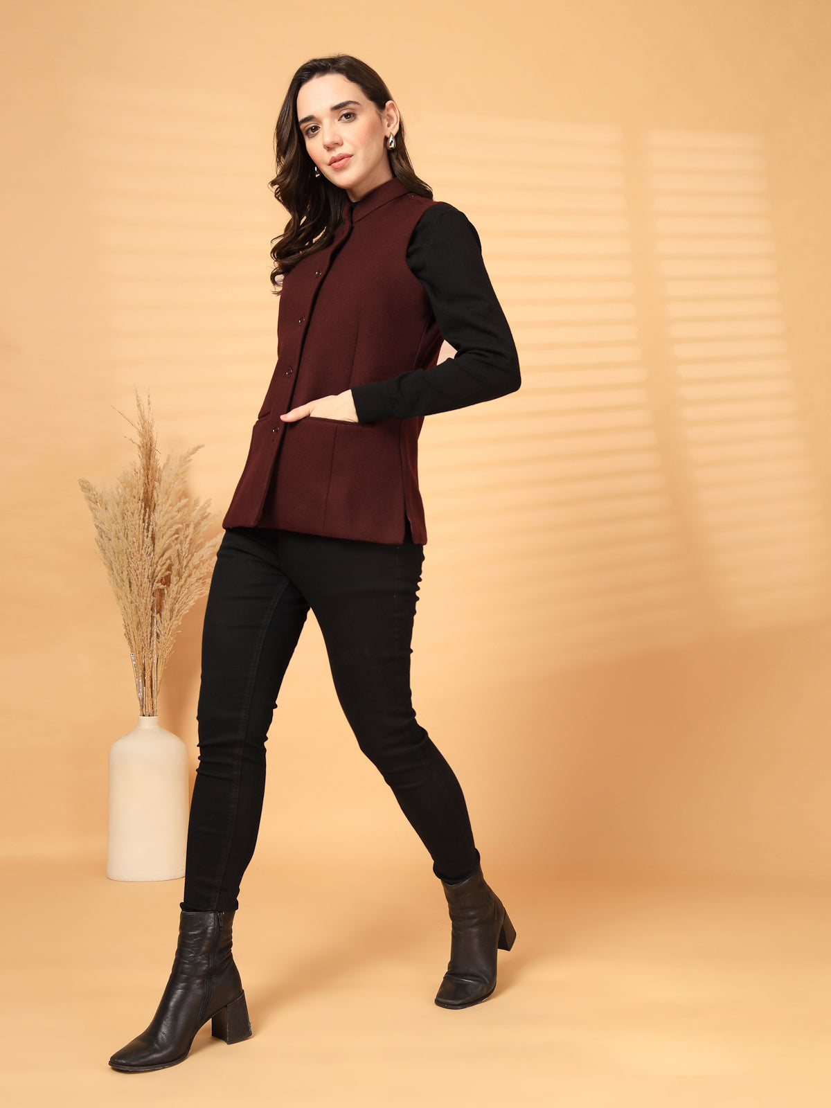 Vastraa Fusion Solid Indian Traditional Ethnic Waistcoat Festive Woolen Nehru Jacket for Women