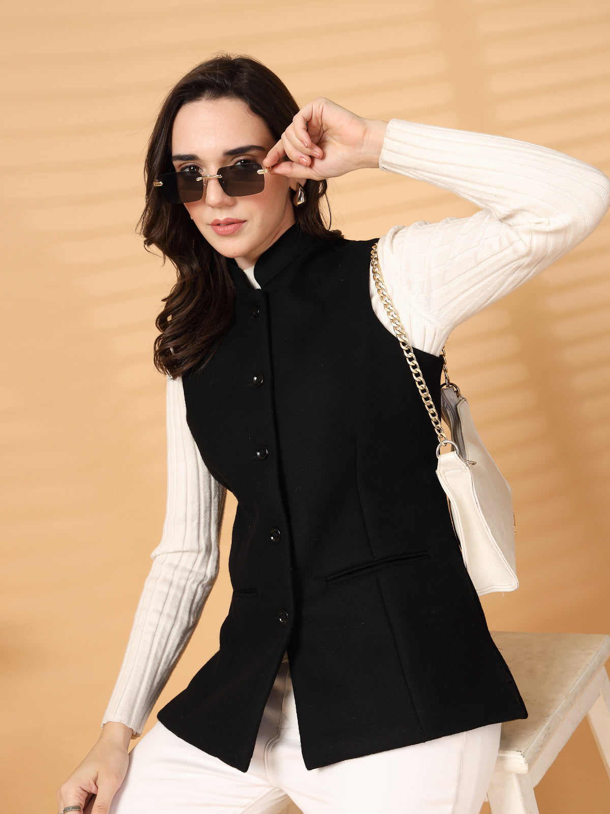 Vastraa Fusion Solid Indian Traditional Ethnic Waistcoat Festive Woolen Nehru Jacket for Women