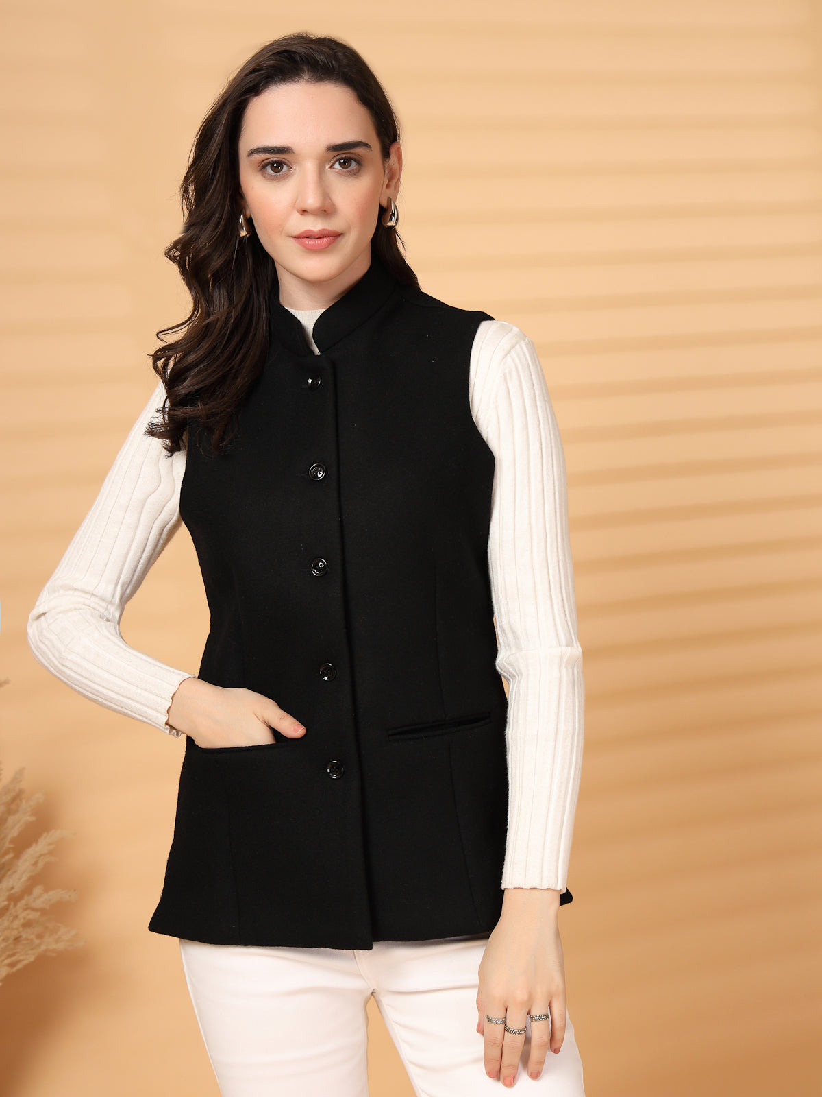 Vastraa Fusion Solid Indian Traditional Ethnic Waistcoat Festive Woolen Nehru Jacket for Women