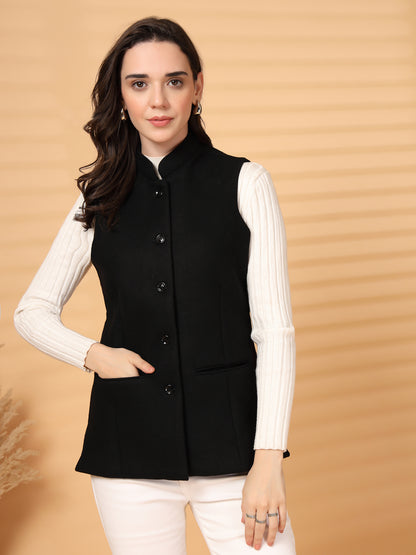 Vastraa Fusion Solid Indian Traditional Ethnic Waistcoat Festive Woolen Nehru Jacket for Women