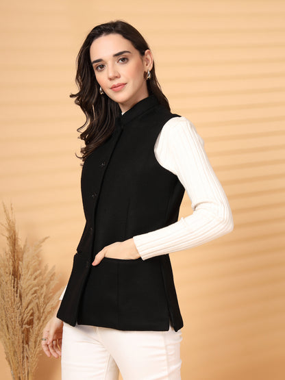 Vastraa Fusion Solid Indian Traditional Ethnic Waistcoat Festive Woolen Nehru Jacket for Women