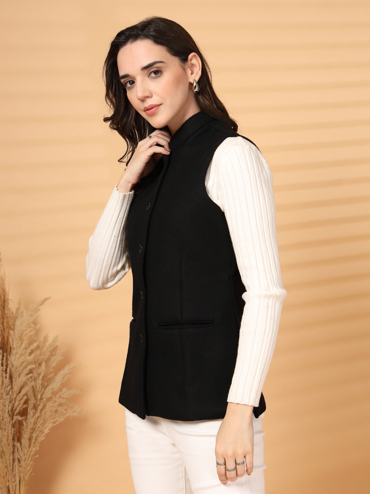 Vastraa Fusion Solid Indian Traditional Ethnic Waistcoat Festive Woolen Nehru Jacket for Women