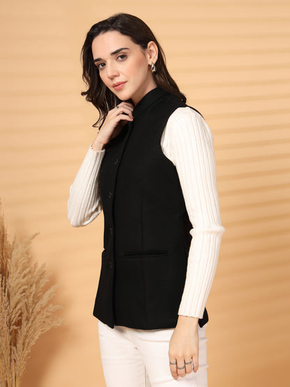 Vastraa Fusion Solid Indian Traditional Ethnic Waistcoat Festive Woolen Nehru Jacket for Women
