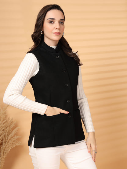 Vastraa Fusion Solid Indian Traditional Ethnic Waistcoat Festive Woolen Nehru Jacket for Women