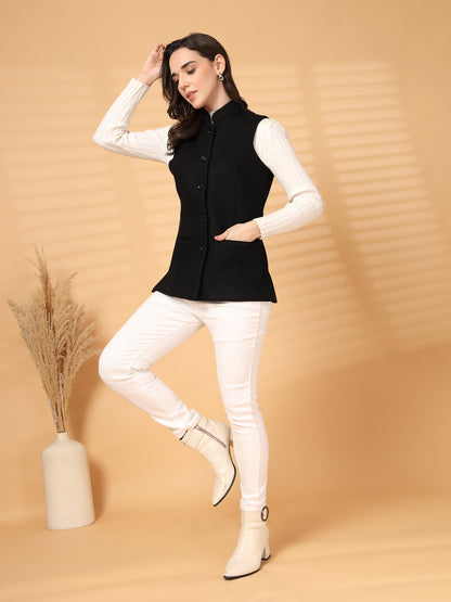 Vastraa Fusion Solid Indian Traditional Ethnic Waistcoat Festive Woolen Nehru Jacket for Women