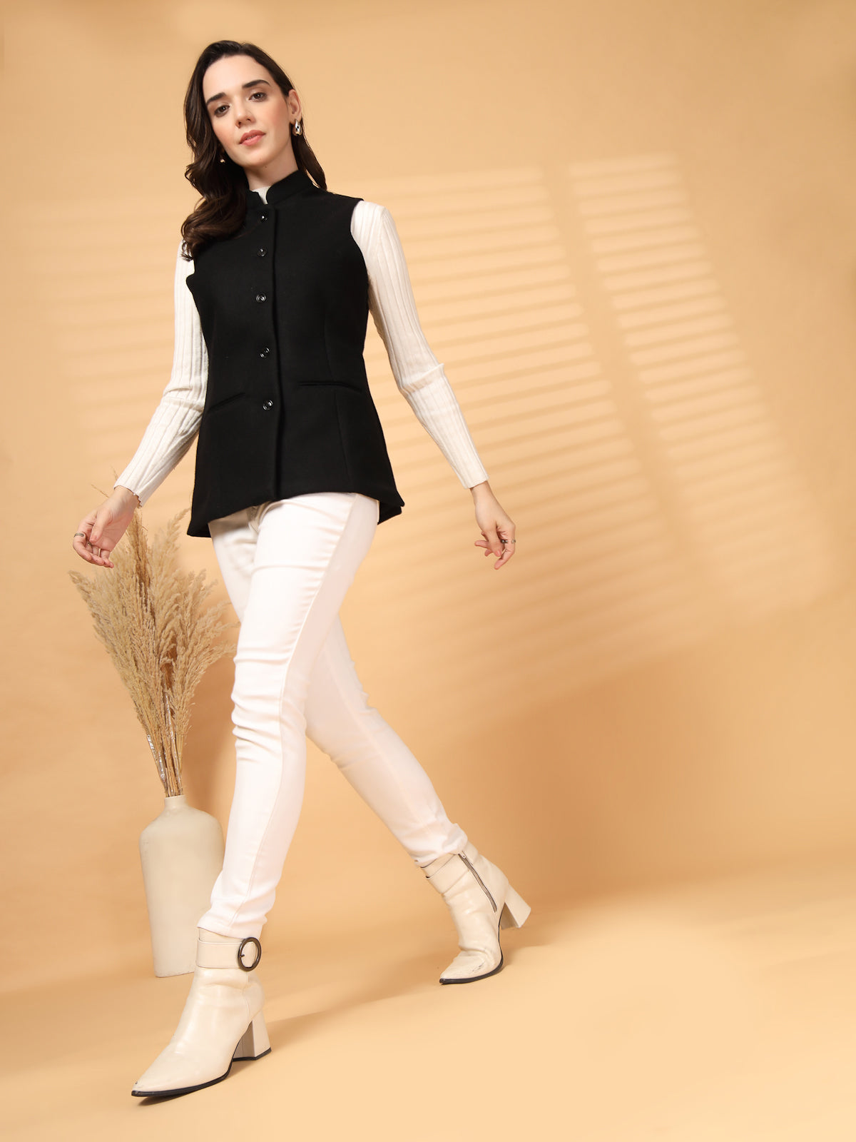 Vastraa Fusion Solid Indian Traditional Ethnic Waistcoat Festive Woolen Nehru Jacket for Women