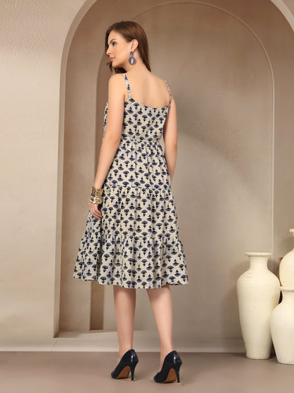 Vastraa Fusion Women Casual Printed Cotton Dress with 2 Pocket and Sleeveless Design