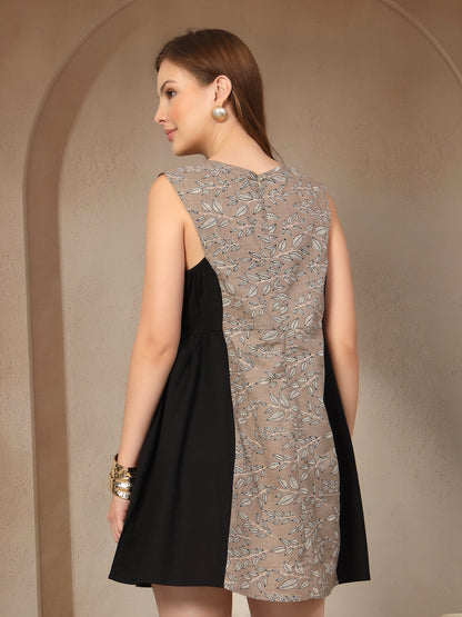 Vastraa Fusion Women Stylish Colorblock Cotton A-Line Mini Dress with Floral Print Panel & Back Zip