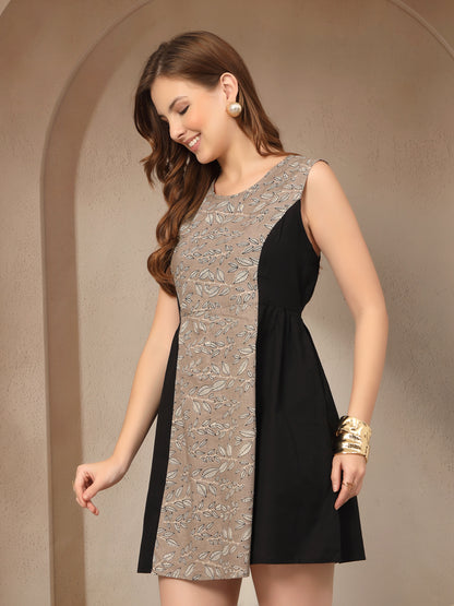 Vastraa Fusion Women Stylish Colorblock Cotton A-Line Mini Dress with Floral Print Panel & Back Zip