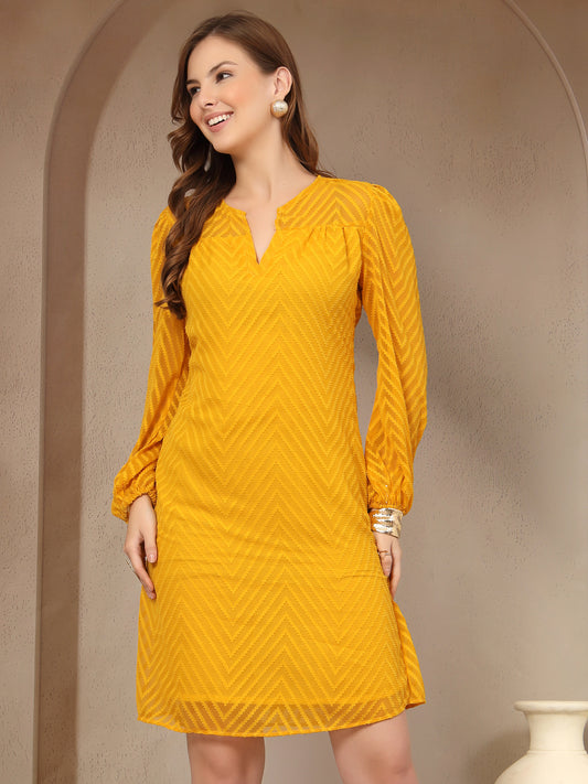 Vastraa Fusion Women's Georgette A-Line Dress with Cotton Lining Chevron Pattern