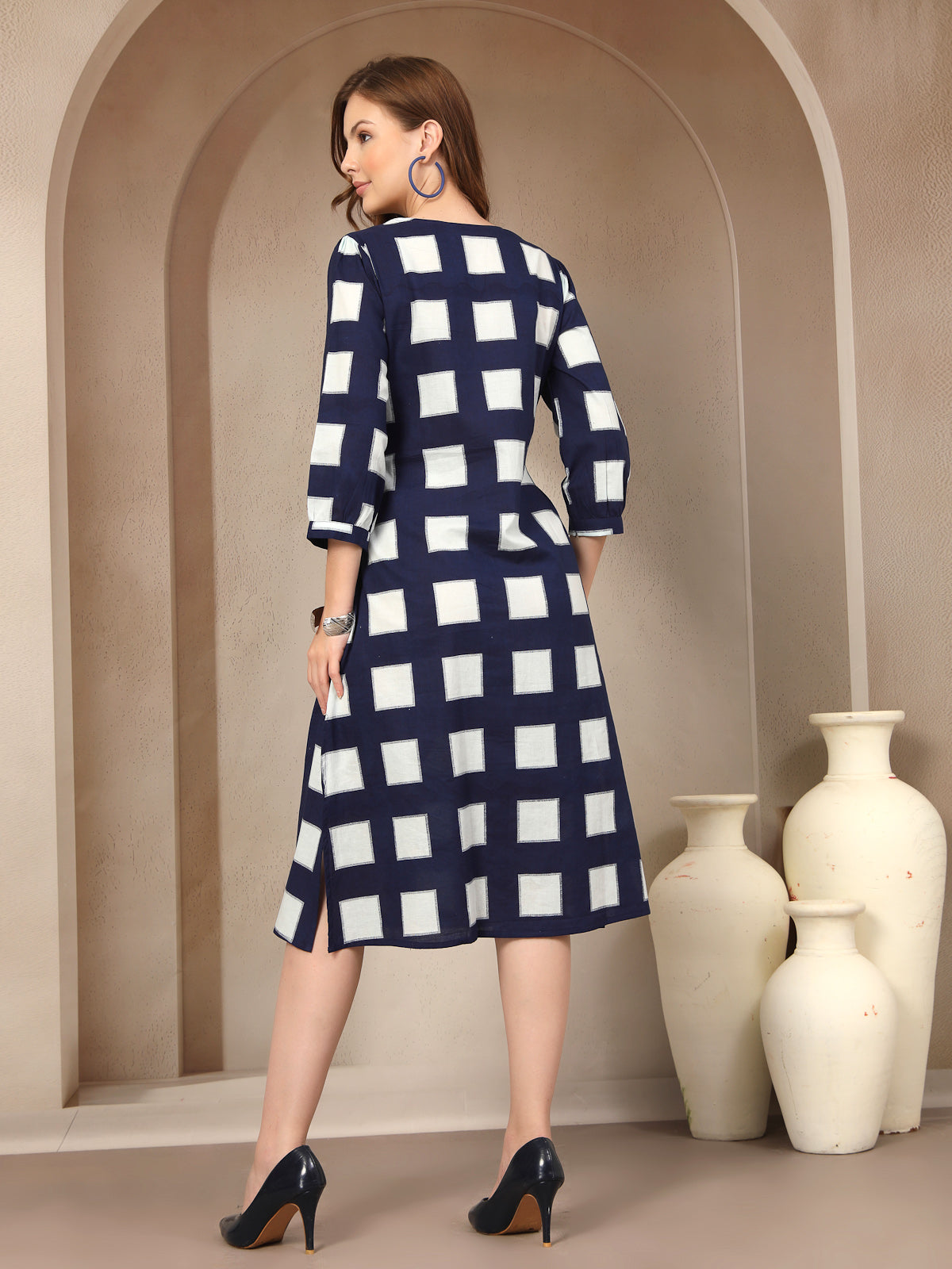 Vastraa Fusion Women Navy Blue & White Checked Cotton A-Line Dress with Belt