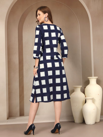 Vastraa Fusion Women Navy Blue & White Checked Cotton A-Line Dress with Belt