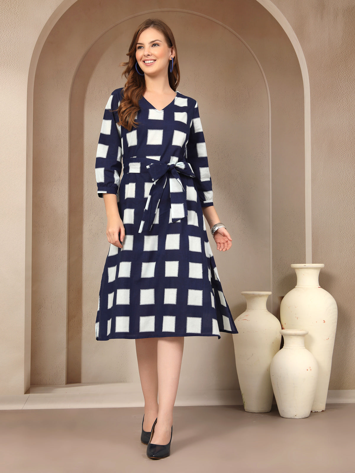 Vastraa Fusion Women Navy Blue & White Checked Cotton A-Line Dress with Belt