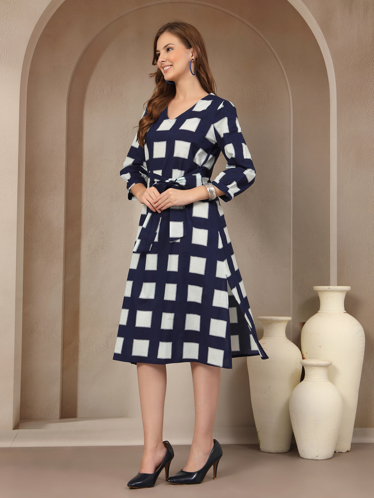 Vastraa Fusion Women Navy Blue & White Checked Cotton A-Line Dress with Belt