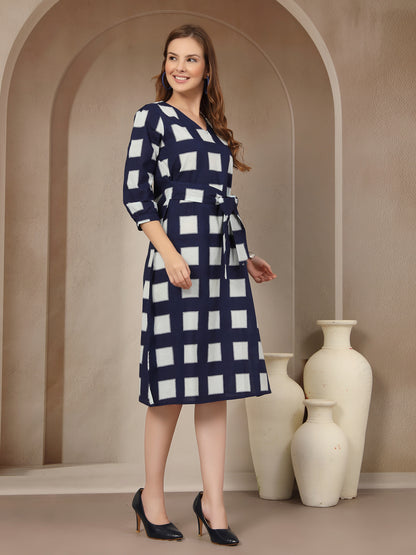 Vastraa Fusion Women Navy Blue & White Checked Cotton A-Line Dress with Belt
