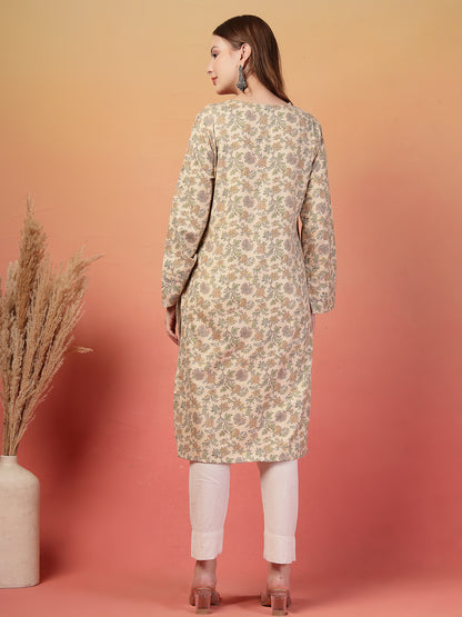 Vastraa Fusion Women Regular Fit Woolen Floral Printed Straight Warm Kurti with V-Neck & Long Sleeves