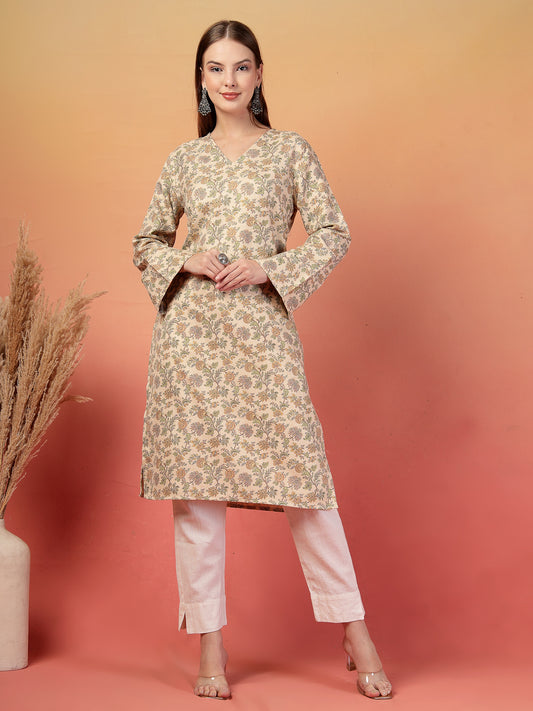 Vastraa Fusion Women Regular Fit Woolen Floral Printed Straight Warm Kurti with V-Neck & Long Sleeves