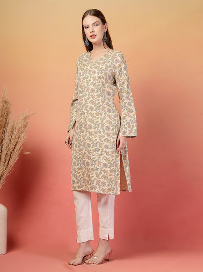 Vastraa Fusion Women Regular Fit Woolen Floral Printed Straight Warm Kurti with V-Neck & Long Sleeves