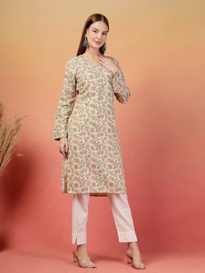 Vastraa Fusion Women Regular Fit Woolen Floral Printed Straight Warm Kurti with V-Neck & Long Sleeves