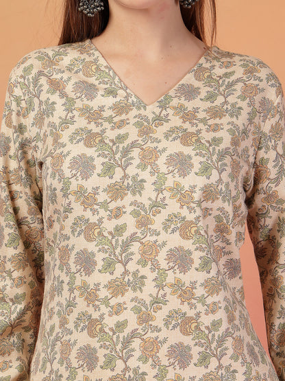 Vastraa Fusion Women Regular Fit Woolen Floral Printed Straight Warm Kurti with V-Neck & Long Sleeves