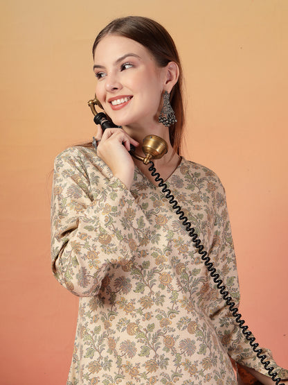 Vastraa Fusion Women Regular Fit Woolen Floral Printed Straight Warm Kurti with V-Neck & Long Sleeves