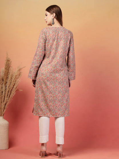 Vastraa Fusion Women Regular Fit Woolen Floral Printed Straight Warm Kurti with V-Neck & Long Sleeves