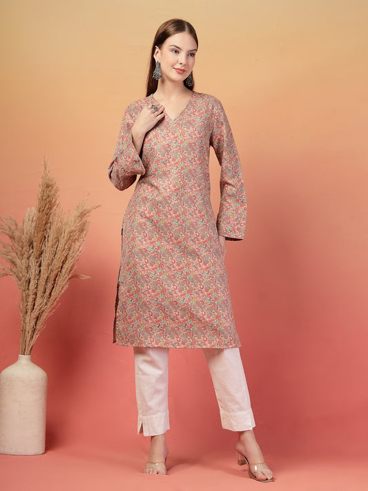 Vastraa Fusion Women Regular Fit Woolen Floral Printed Straight Warm Kurti with V-Neck & Long Sleeves