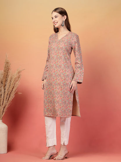 Vastraa Fusion Women Regular Fit Woolen Floral Printed Straight Warm Kurti with V-Neck & Long Sleeves