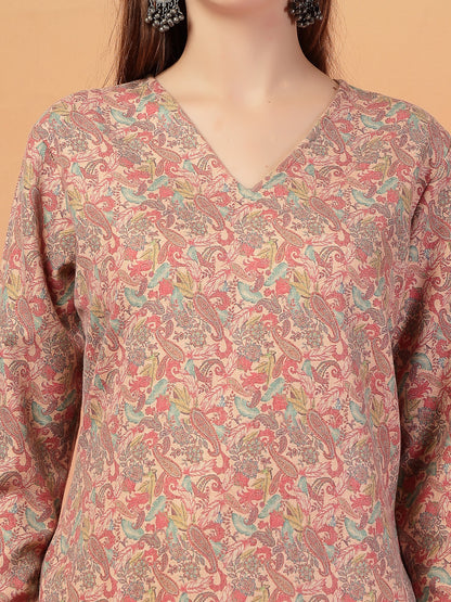 Vastraa Fusion Women Regular Fit Woolen Floral Printed Straight Warm Kurti with V-Neck & Long Sleeves