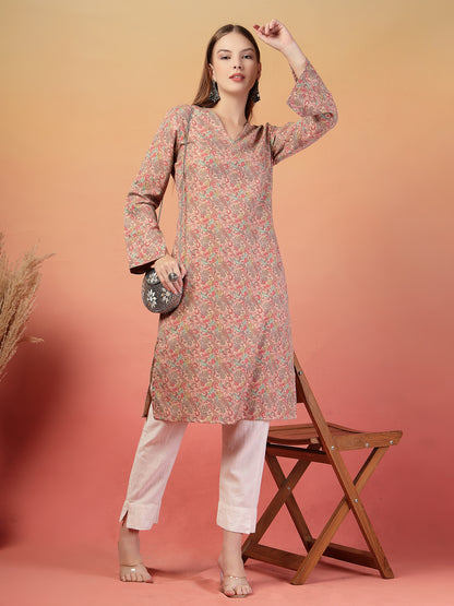 Vastraa Fusion Women Regular Fit Woolen Floral Printed Straight Warm Kurti with V-Neck & Long Sleeves