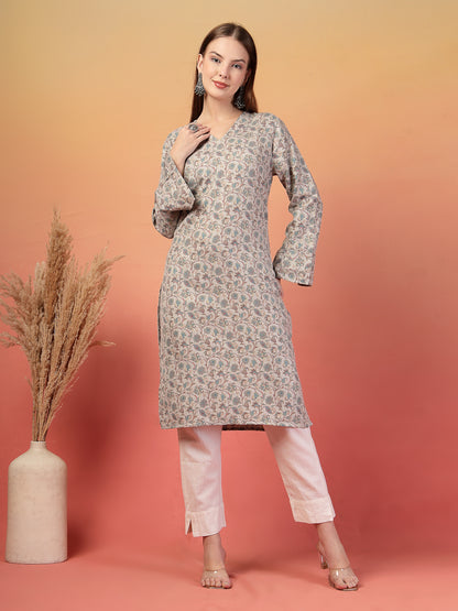 Vastraa Fusion Women Regular Fit Woolen Floral Printed Straight Warm Kurti with V-Neck & Long Sleeves