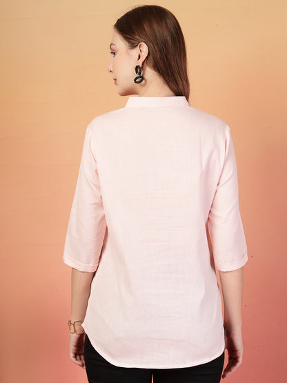 Vastraa Fusion Women's Solid Mandarin Collar 3/4 Sleeve Casual Shirt Lightweight Cotton Top