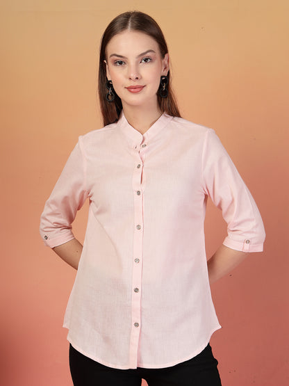 Vastraa Fusion Women's Solid Mandarin Collar 3/4 Sleeve Casual Shirt Lightweight Cotton Top