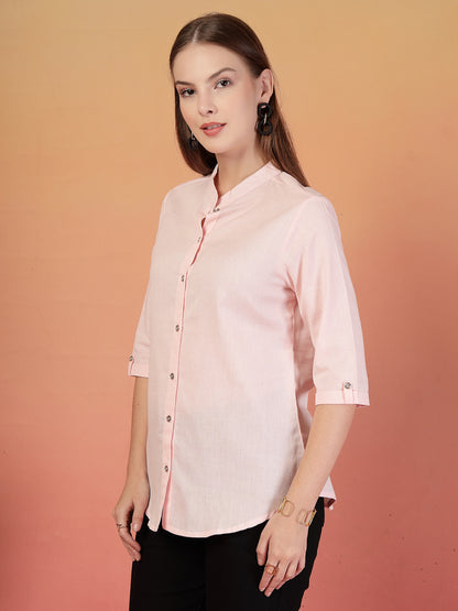Vastraa Fusion Women's Solid Mandarin Collar 3/4 Sleeve Casual Shirt Lightweight Cotton Top