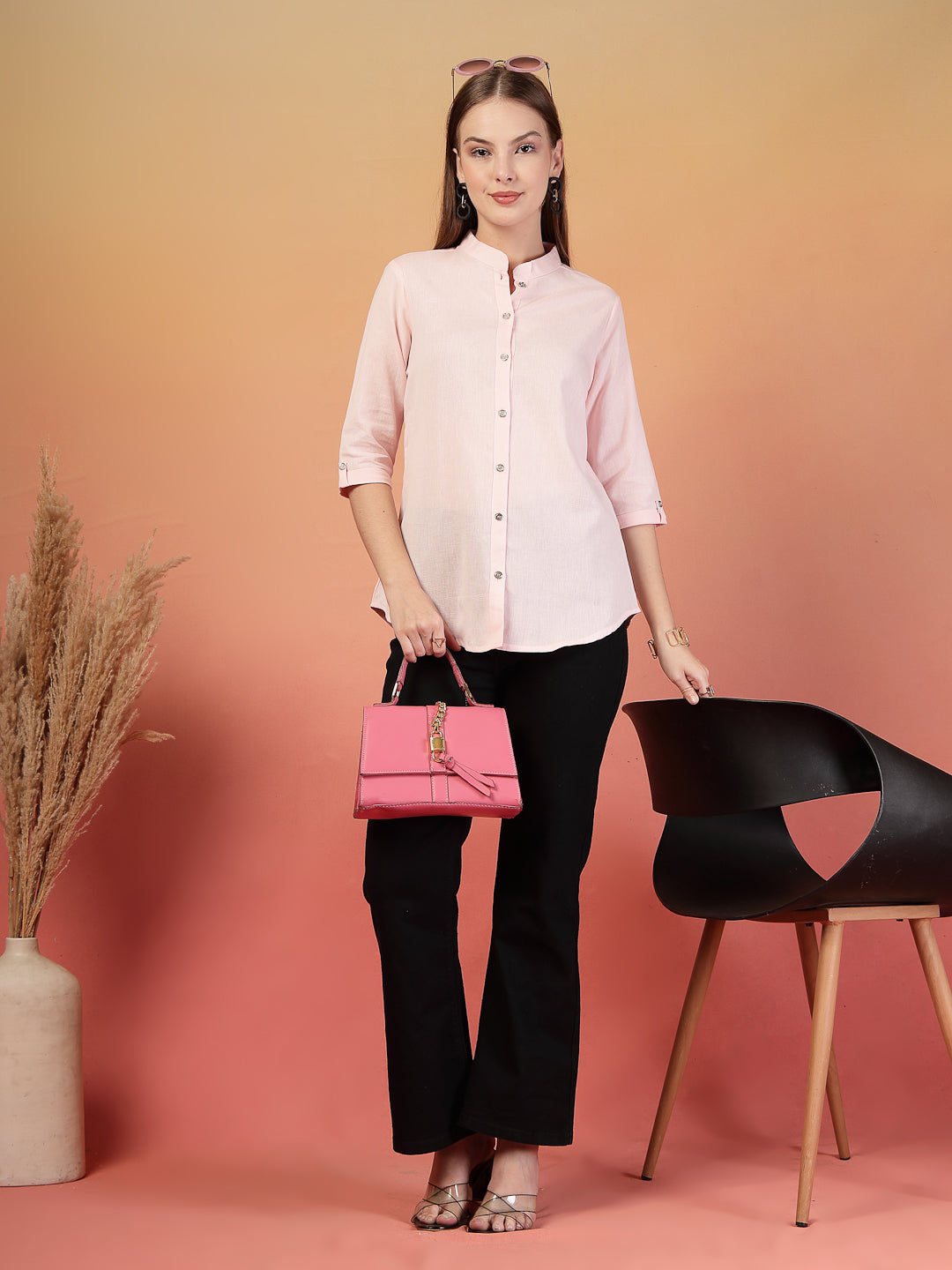 Vastraa Fusion Women's Solid Mandarin Collar 3/4 Sleeve Casual Shirt Lightweight Cotton Top