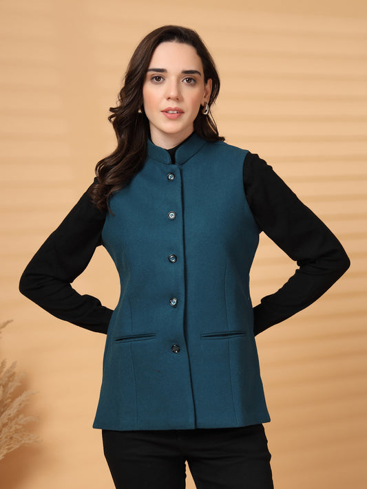 Vastraa Fusion Solid Indian Traditional Ethnic Waistcoat Festive Woolen Nehru Jacket for Women