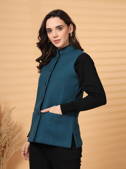 Vastraa Fusion Solid Indian Traditional Ethnic Waistcoat Festive Woolen Nehru Jacket for Women