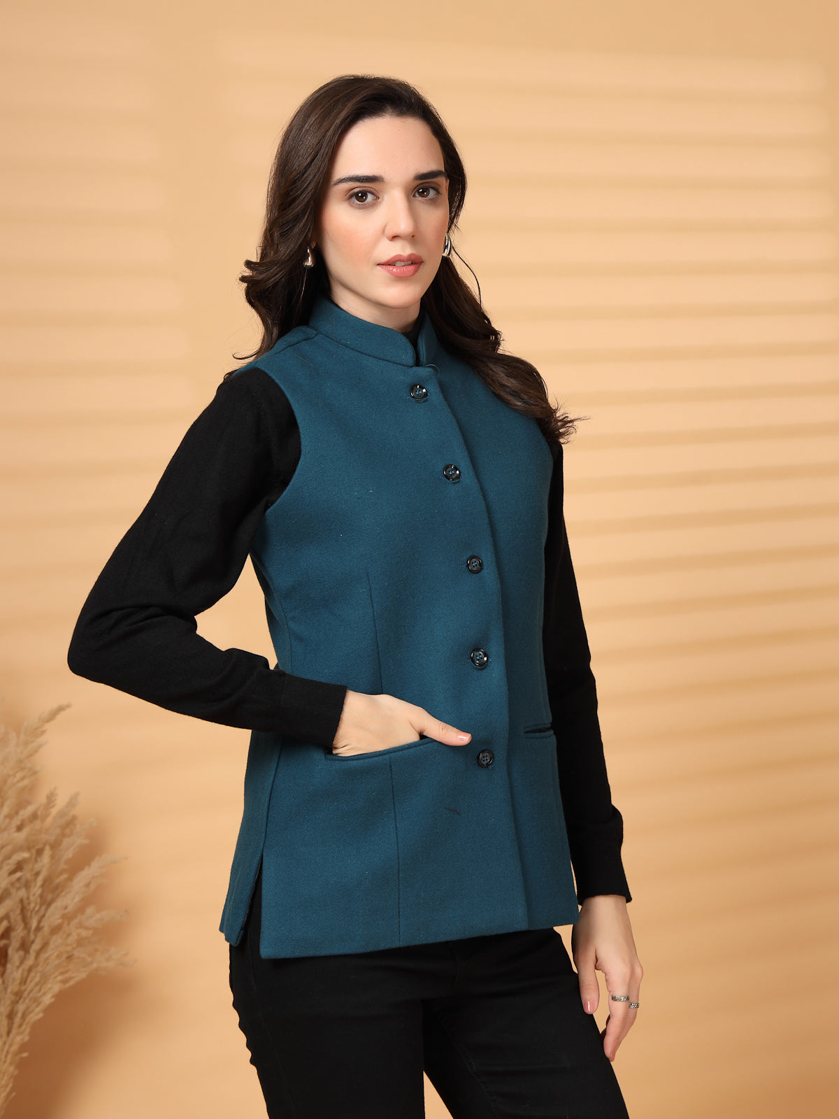 Vastraa Fusion Solid Indian Traditional Ethnic Waistcoat Festive Woolen Nehru Jacket for Women