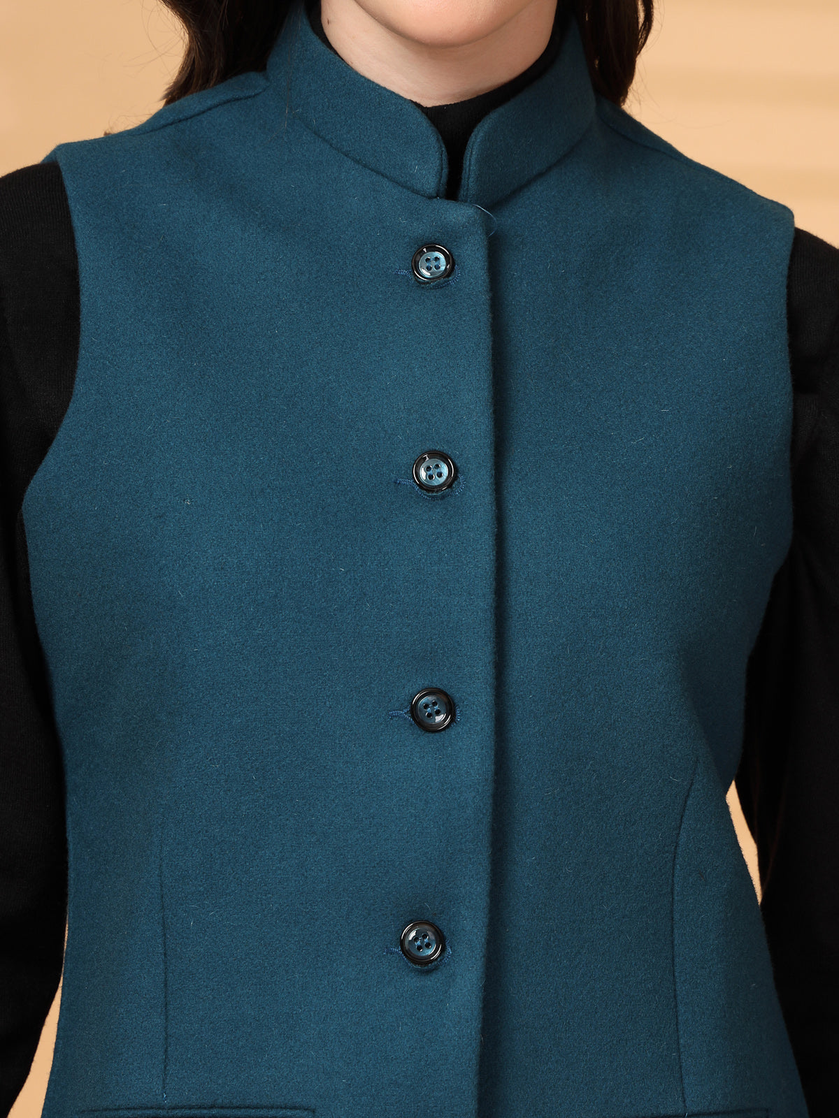 Vastraa Fusion Solid Indian Traditional Ethnic Waistcoat Festive Woolen Nehru Jacket for Women