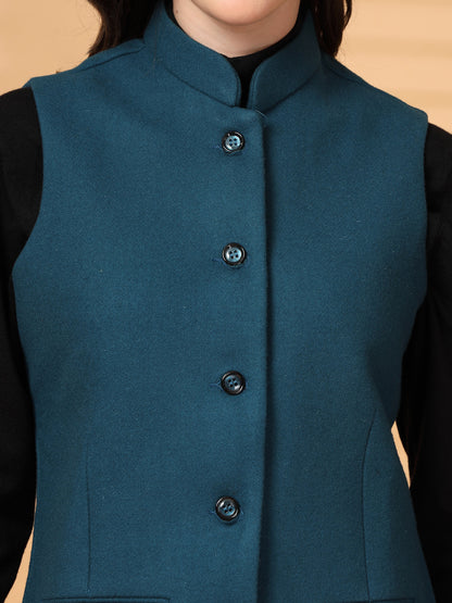 Vastraa Fusion Solid Indian Traditional Ethnic Waistcoat Festive Woolen Nehru Jacket for Women