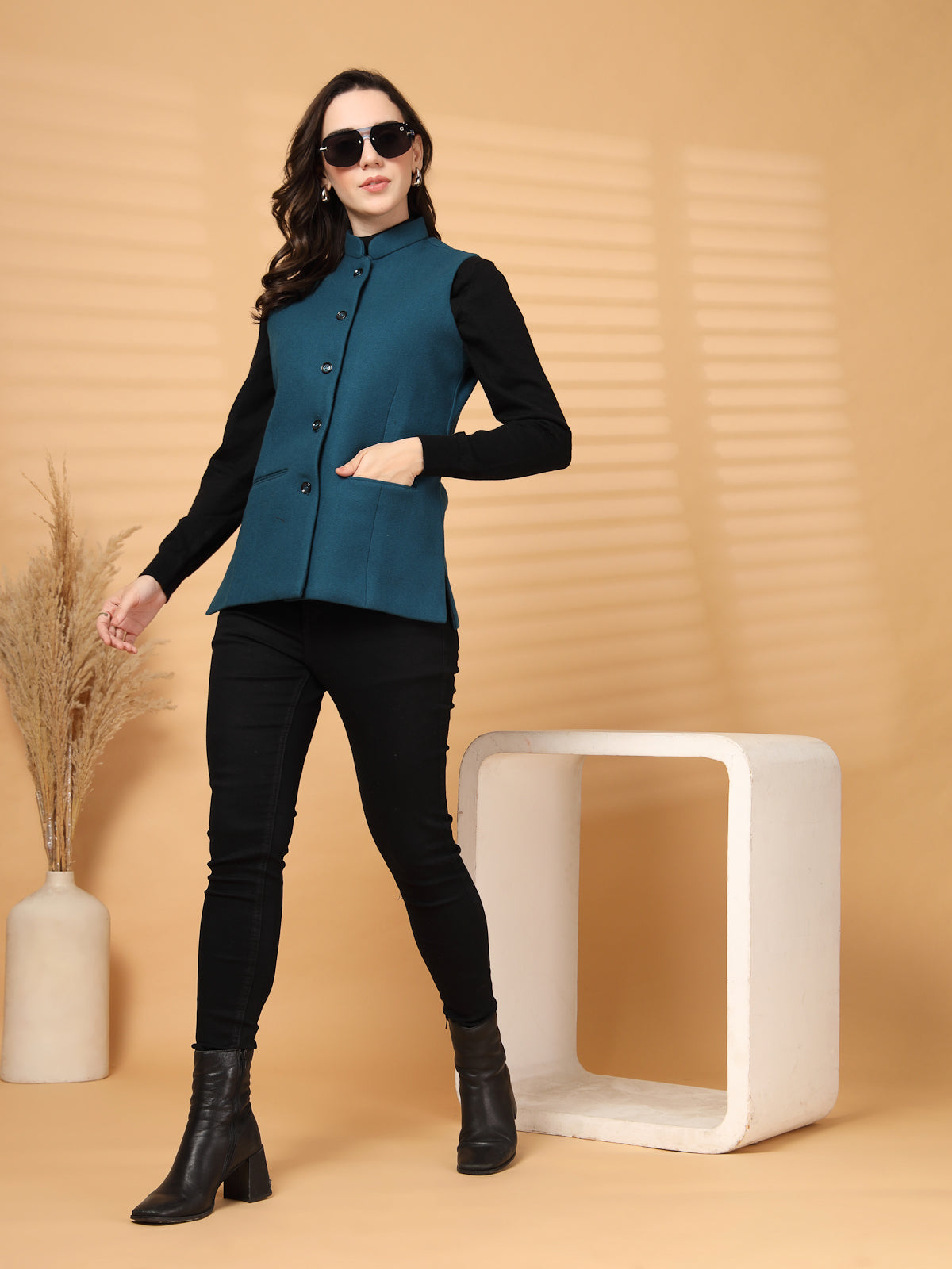 Vastraa Fusion Solid Indian Traditional Ethnic Waistcoat Festive Woolen Nehru Jacket for Women