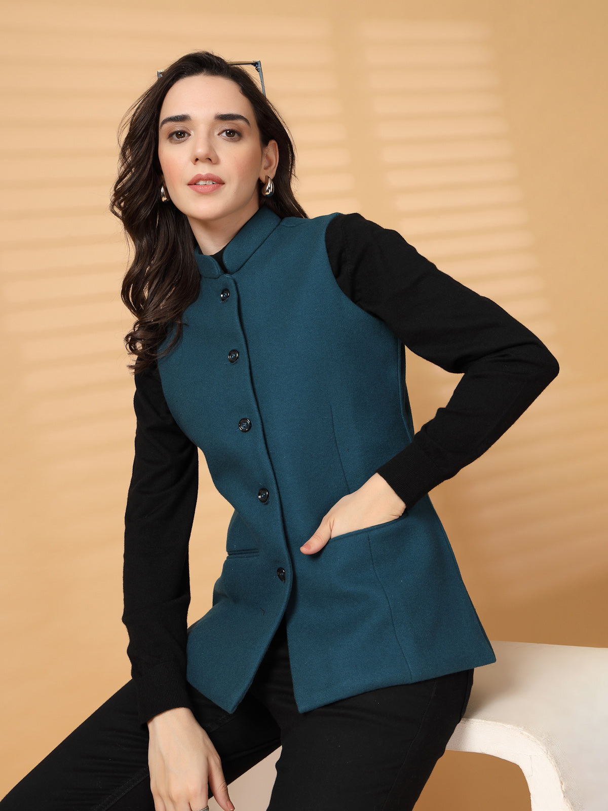 Vastraa Fusion Solid Indian Traditional Ethnic Waistcoat Festive Woolen Nehru Jacket for Women