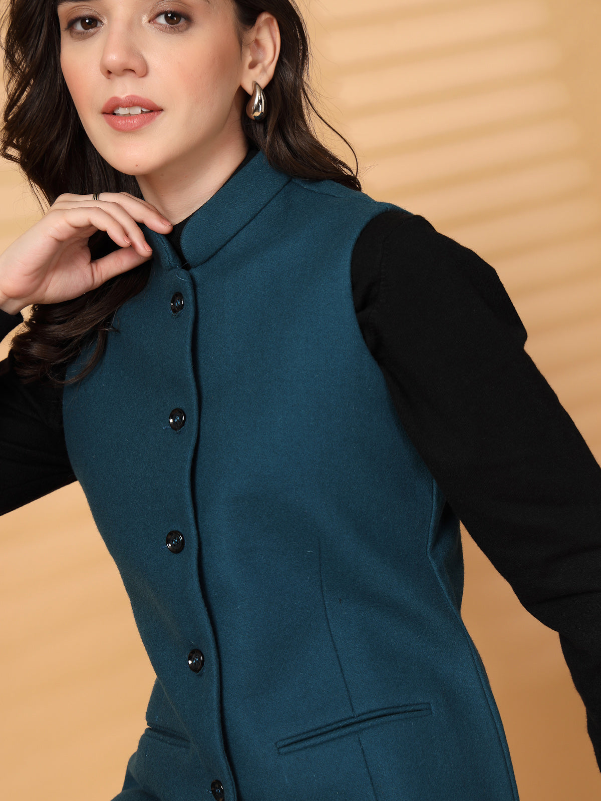 Vastraa Fusion Solid Indian Traditional Ethnic Waistcoat Festive Woolen Nehru Jacket for Women